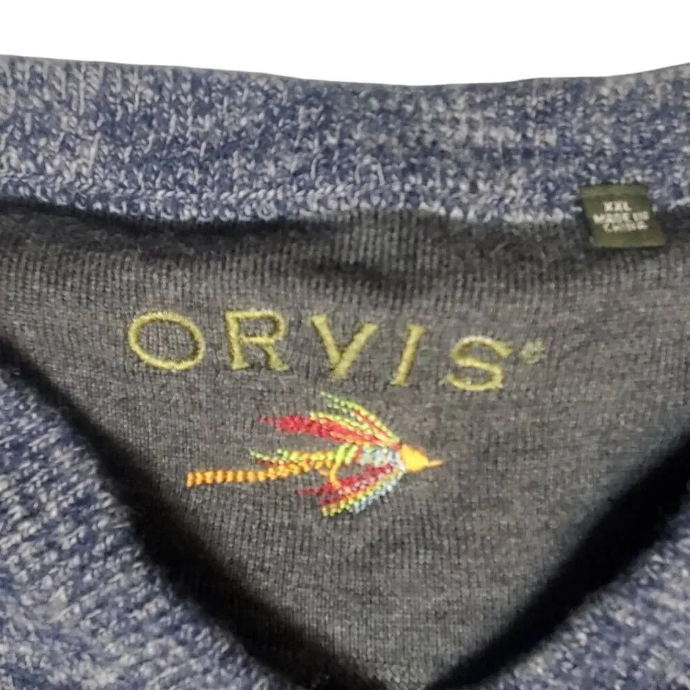 Orvis Mens 100% Merino Wool Blue V Neck Pullover Sweater Size XXL
